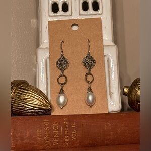 Handmade Ornate Sterling Silver and Pearl Drop Earrings